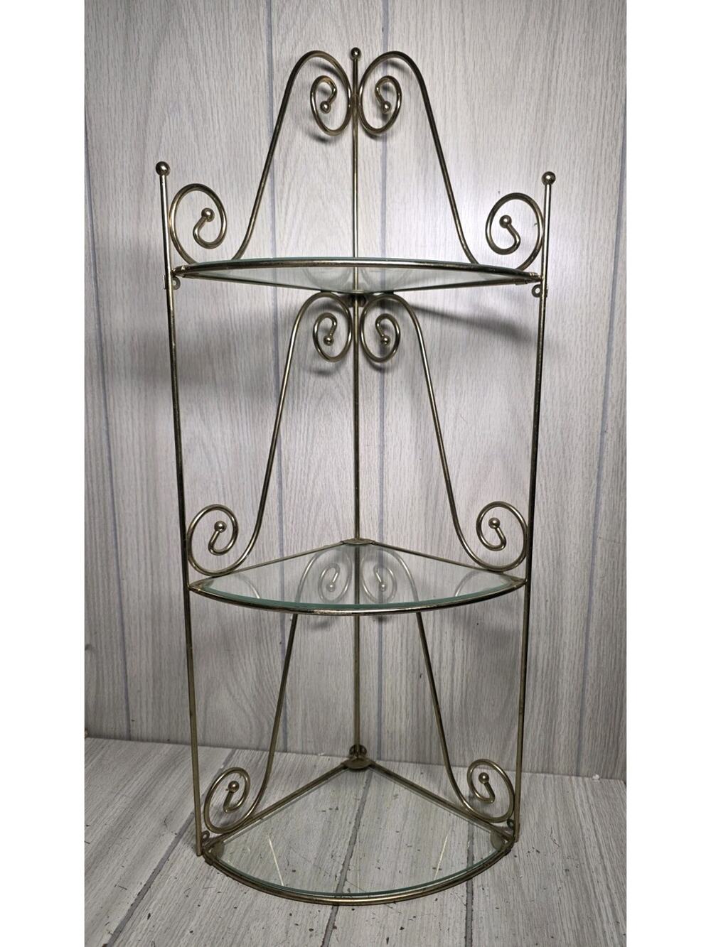 Vtg Brass Glass 26" Home Interior 3 Tier Corner Shelf Victorian Regency FLAW